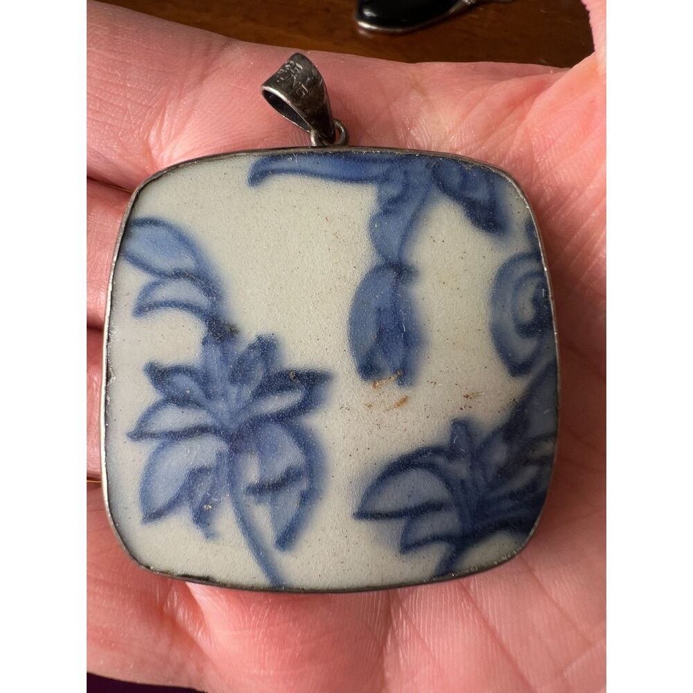 Vintage Sterling Silver 925 Necklace Pendant with Antique Blue Porcelain